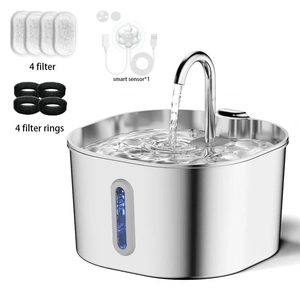 2.2L Automatic Cat And Dog Water Fountain With Faucet Stainless Steel Filter Silent Water Pump Cat Water Fountain Supplies