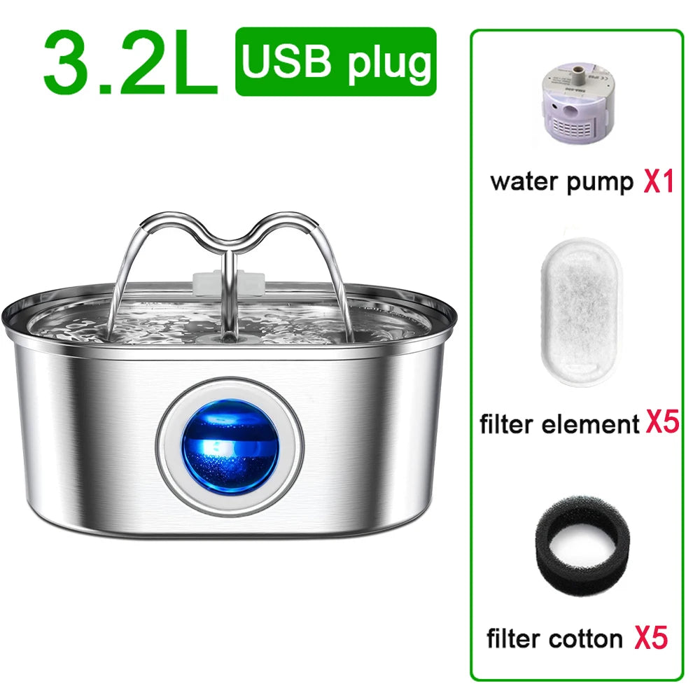 3.2L Stainless Steel Cat Water Fountain Cat Drinker Drinking Fountain For Cats Dogs Pet Water Dispenser Ultra Quiet Water Pump