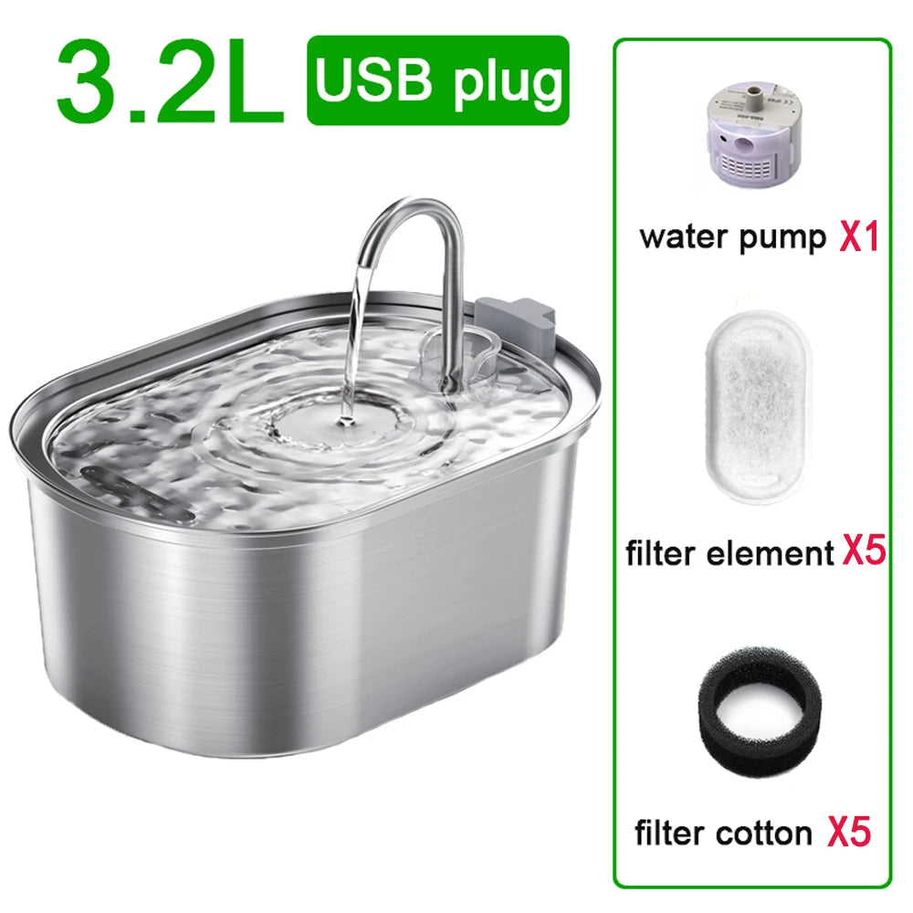 3.2L Stainless Steel Cat Water Fountain Cat Drinker Drinking Fountain For Cats Dogs Pet Water Dispenser Ultra Quiet Water Pump